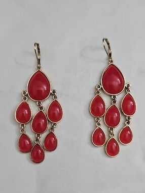 Gold-Trim Red Teardrop Chandelier Earrings - Women Jewelry
